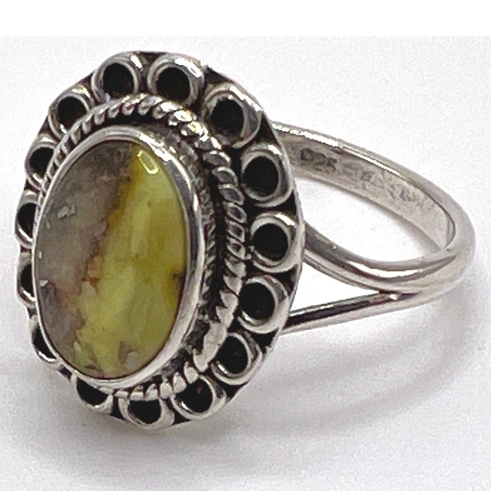 925 Sterling Silver Palomino Green Turquoise Oval Ring Size - 7- Southwestern 3g